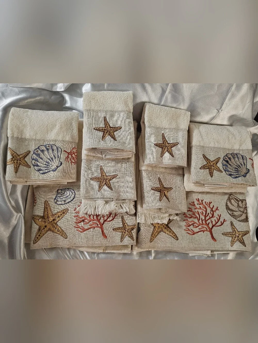 Avanti Sea Treasure Ivory Embroidered Embellished 8 Pc Towel Set Coastal